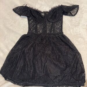 Divided Black Lace Off-Shoulder Dress